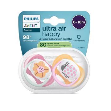 Avent Ultra Air Happy Ортодонтична залъгалка силикон за деца от 6 до 18 месеца x2 броя, калинка/цвете