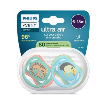 Avent Ultra Air Ортодонтична залъгалка силикон за деца от 6 до 18 месеца x2 броя, птица/ тигър