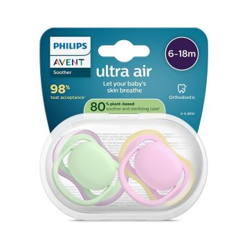Avent Ultra Air Ортодонтична залъгалка силикон за деца от 6 до 18 месеца x2 броя, розов/зелен