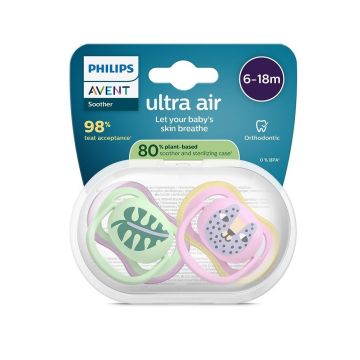 Avent Ultra Air Ортодонтична залъгалка силикон за деца от 6 до 18 месеца x2 броя, котка/листо