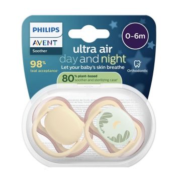 Avent Ultra Air Day & Night Ортодонтична залъгалка силикон за деца от 0 до 6 месеца x2 броя, звезда/луна