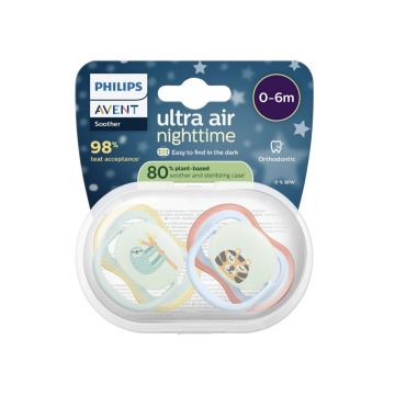 Avent Ultra Air Night Ортодонтична залъгалка силикон за деца от 0 до 6 месеца x2 броя, ленивец/тигър