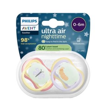 Avent Ultra Air Night  Ортодонтична залъгалка силикон за деца от 0 до 6 месеца x2 броя, гъсеница/пеперуда