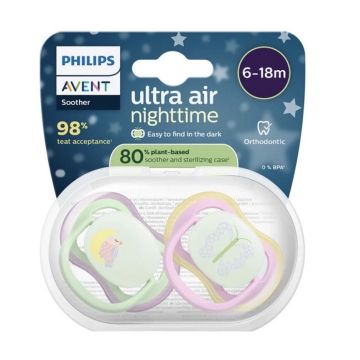 Avent Ultra Air Night Ортодонтична залъгалка силикон за деца от 6 до 18 месеца х2 броя, луна/пеперуда