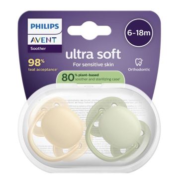 Avent Ultra Soft Залъгалка от 6 до 18 месеца х2 броя, зелен/ оранжев