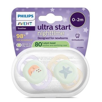Avent Ultra Start Night Ортодонтична залъгалка силикон за деца от 0 до 2 месеца x2 броя, луна/звезда