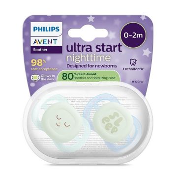 Avent Ultra Start Night Ортодонтична залъгалка силикон за деца от 0 до 2 месеца x2 броя, sleep