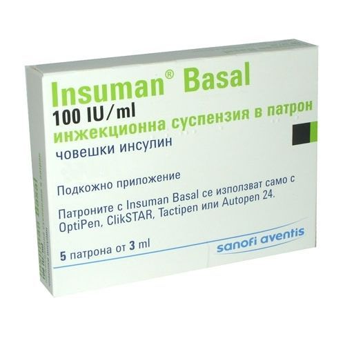 Инсуман Базал 100 IU/ml инжекционна суспензия в патрон 3 мл х5 писалки Sanofi