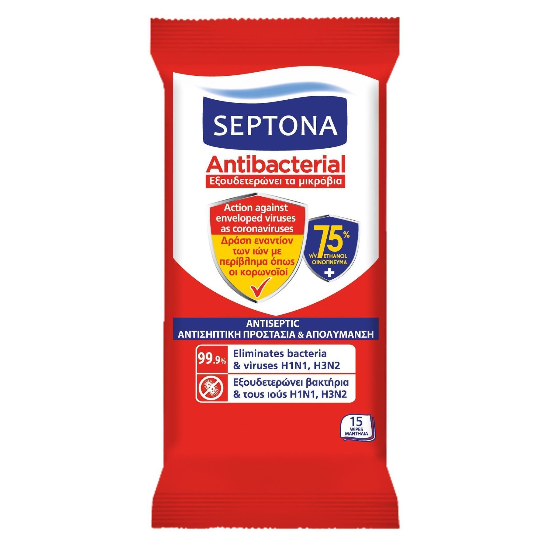 Septona Antiseptic Антибактериални мокри кърпи с дезинфекциращо и антисептично действие x15 броя
