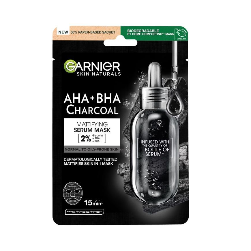 Garnier Skin Naturals AHA+BHA Charcoal Матиращa серум-маска за лице x28 грама