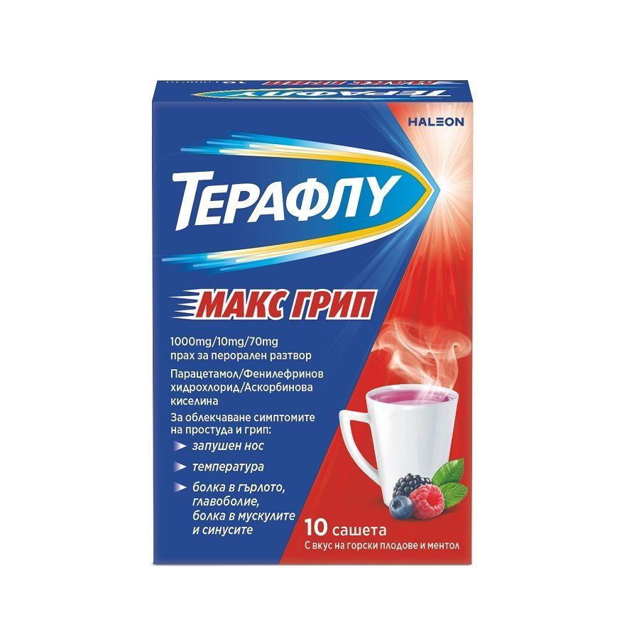Терафлу Макс Грип при симптоми на простуда и грип х10 сашета Haleon