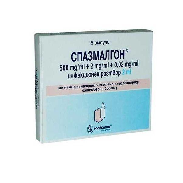 Спазмалгон 500 mg/ml + 2 mg/ml + 0,02 mg/ml инжекционен разтвор Sopharma