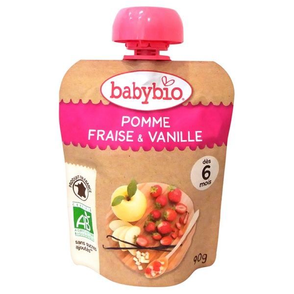 Babybio Плодов мус с ябълки, ягоди и ванилия x90 грама