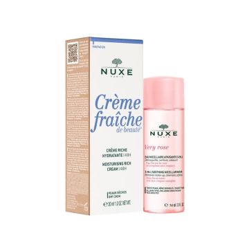 Nuxe Промо комплект Creme Fraiche de Beaute Хидратиращ обогатен крем за лице за суха кожа и Very Rose Успокояваща мицеларна вода 3в1 за лице