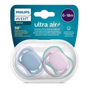 Avent Ultra Air Ортодонтична залъгалка силикон за деца от 6 до 18 месеца x2 броя, неутрални/лилави