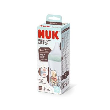 Nuk Perfect Match Temperature Control Шише за хранене със силиконов биберон над 3 месеца х260 мл, Мечо Пух