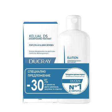 Ducray Промо комплект Kelual DS Третиращ противопърхотен антирецидивен шампоан за коса и Elution Балансиращ шампоан за редуваща или последваща грижа за третиране на пърхот