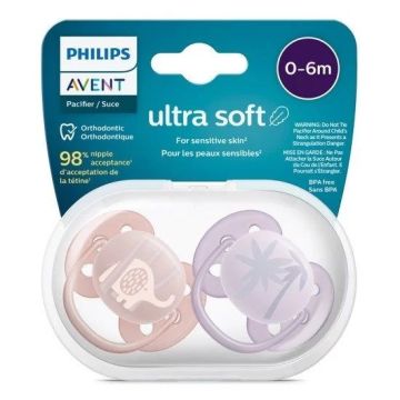 Avent Ultra Soft Ортодонтична залъгалка силикон за деца от 0 до 6 месеца x2 броя, Слонче/Палми