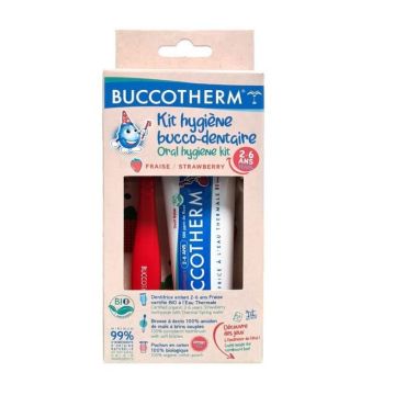 Buccotherm Комплект за деца от 2 до 6 години паста и четка за зъби с вкус на ягода и торбичка