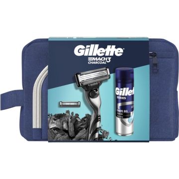 Gillette Mach3 Charcoal Промо комплект за мъже Gillette Mach3 Charcoal с 1 резерва + Гел за бръснене и несесер
