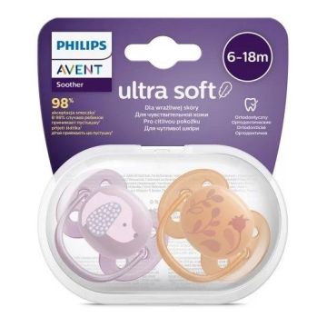 Avent Ultra Soft Ортодонтична залъгалка силикон за деца от 6 до 18 месеца x2 броя, Куче/Цвете