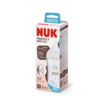 Nuk Perfect Match Temperature Control Стъклено шише за хранене за бебета над 3 месеца х230 мл, размер M, Дъга