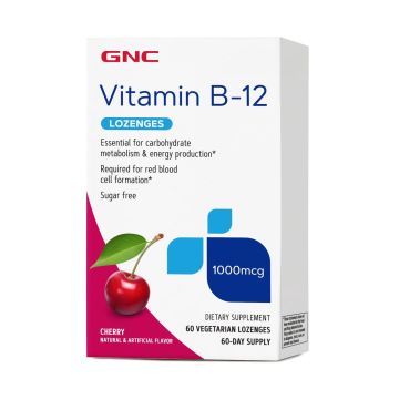 Витамин B12, 1000 mcg с вкус на череша x60 вегетариански таблетки за смучене, GNC