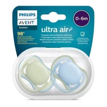 Avent Ultra Air Ортодонтична залъгалка силикон за деца от 0 до 6 месеца x2 броя, син/зелен