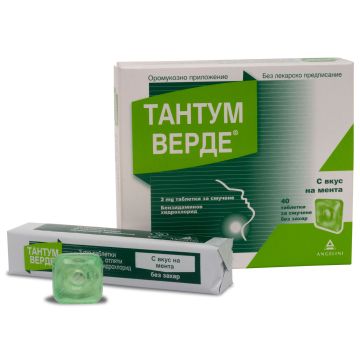 Тантум Верде с вкус на мента при възпалено гърло и болки в устната кухина 3мг x40 таблетки за смучене Angelini
