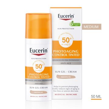 Eucerin Sun Photoaging Control Оцветен слънцезащитен гел-крем за лице SPF50+ x50 мл, тъмен нюанс