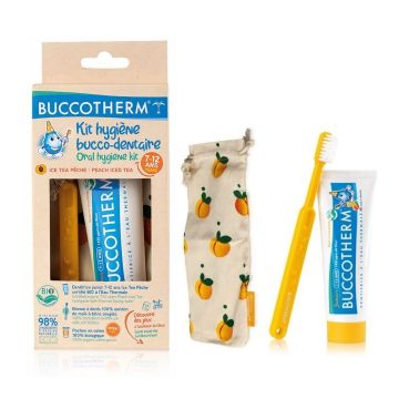 Buccotherm Комплект за деца от 7 до 12 години паста и четка за зъби с вкус на студен чай праскова и торбичка