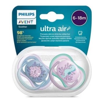 Avent Ultra Air Ортодонтична залъгалка силикон за деца от 6 до 18  месеца x2 броя, Риба/Морско конче