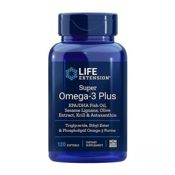 Super Omega-3 Plus Омега-3 от рибено масло, Крил, Астаксантин, Лигнан от сусам и Маслина х120 софтгел капсули Life Extension