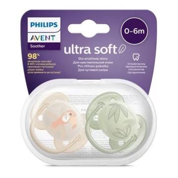 Avent Ultra Soft Ортодонтична залъгалка силикон за деца от 0 до 6 месеца x2 броя, Тукан/Листа