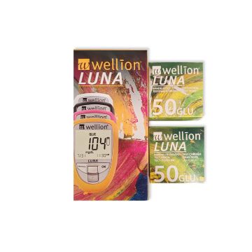 Wellion Промо комплект Luna Trio Апарат за измерване на кръвна захар, холестерол и пикочна киселина + 100 броя тест ленти Luna GLU