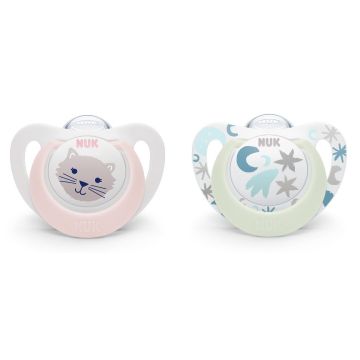 Nuk Star Night & Day Залъгалка със силиконов биберон 0 - 6 месеца x2 броя - 175286, Girl