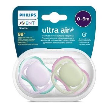 Avent Ultra Air Ортодонтична залъгалка силикон за деца от 0 до 6 месеца x2 броя, лилав/зелен
