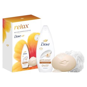 Dove Комплект за тяло Relax Душ гел, крем-сапун и гъба за баня