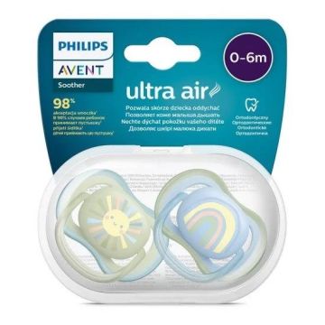 Avent Ultra Air Ортодонтична залъгалка силикон за деца от 0 до 6 месеца x2 броя, Слънце/Дъга - сини