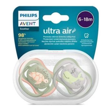 Avent Ultra Air Ортодонтична залъгалка силикон за деца от 6 до 18  месеца x2 броя, Костенурка/Кит