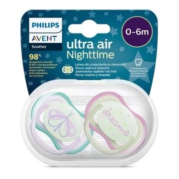 Avent Ultra Air Night Светеща в тъмното ортодонтична залъгалка силикон за деца от 0 до 6 месеца x2 броя, Пеперуда/Dreams