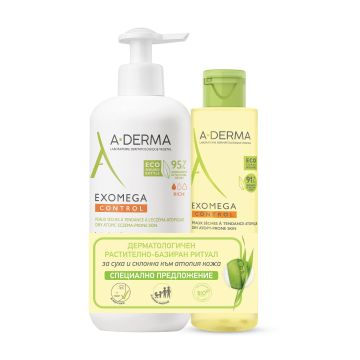 A-Derma Промо комплект Exomega Control Емолиентно мляко за лице и тяло за много суха и атопична кожа и  Емолиентно почистващо олио за лице и тяло