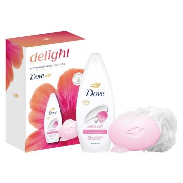 Dove Промо комплект Delight Душ гел и твърд сапун + гъба за баня