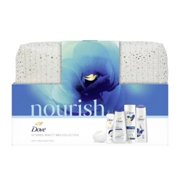 Dove Nourish Промо комплект Душ гел, Мляко за тяло, Шампоан, Спрей дезодорант, Сапун и подарък несесер