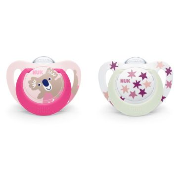 Nuk Star Night & Day Залъгалка със силиконов биберон 6 - 18 месеца x2 броя - 176289, Girl