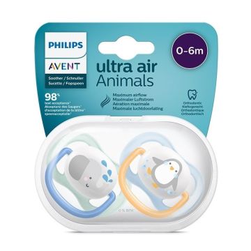 Avent Ultra Air Animals Ортодонтична залъгалка силикон за деца от 0 до 6 месеца x2 броя, Boy