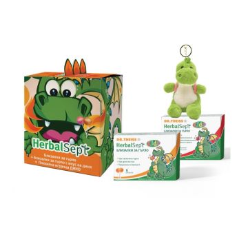 Dr. Theiss Комплект HerbalSept Kids Близалки за гърло 2х6 броя и Плюшена играчка Дино