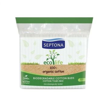 Septona Eco Life Биоразградими клечки за уши от органичен памук в плик x100 броя
