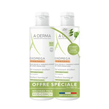 A-Derma Промо кмплект Exomega Емолиентен пенещ се гел срещу разчесване 2х500 мл