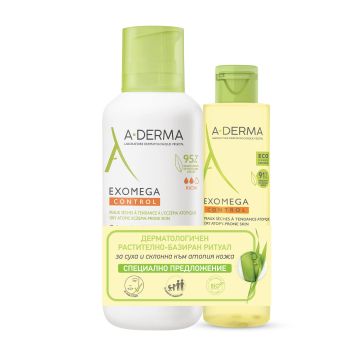 A-Derma Промо комплект Exomega Control Емолиентен крем за лице и тяло за много суха и атопична кожа и Емолиентно почистващо олио за лице и тяло